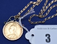 Lot 3 - A Victorian gold half sovereign, 1892, in 9ct....