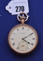 Lot 270 - A 9ct. yellow gold cased open-faced pocket...