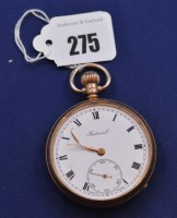 Lot 275 - A 9ct. yellow gold cased open-faced pocket...