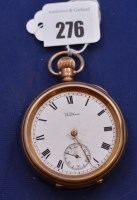 Lot 276 - A 9ct. yellow gold cased open-faced pocket...