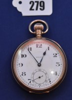 Lot 279 - A 9ct. yellow gold cased open-faced pocket...