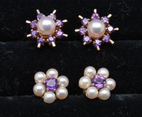Lot 332 - Two pairs of pearl and amethyst cluster...