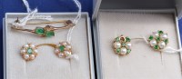 Lot 339 - Two pairs of emerald and cultured pearl stud...