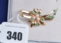 Lot 340 - A 9ct. yellow gold, emerald and cultured pearl...