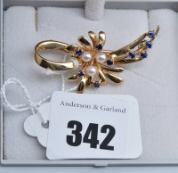Lot 342 - A sapphire, cultured pearl and 9ct. yellow...