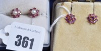 Lot 361 - A pair of cultured pearl and ruby cluster...