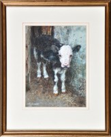 Lot 190 - Tom Manson (b.1940-) A CALF IN A BARN signed...