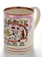 Lot 843 - A 19th Century Sunderland creamware tankard,...