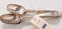 Lot 1093 - Seven assorted George III tablespoons, various...