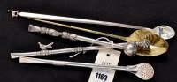 Lot 1163 - Three white metal tea straws; a Peruvian white...