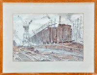 Lot 300 - *Vincent Lines A shipyard with a large vessel...