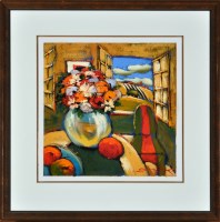 Lot 359 - **** **** Flowers on a table by an open window...
