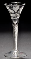 Lot 218 - A Jacobite wine glass, the drawn trumpet bowl...