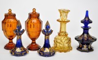 Lot 313 - Small pair of blue glass decanters and...