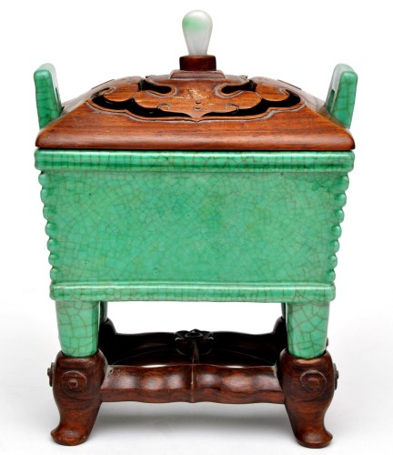 Lot 421 - Chinese green crackle glaze censer, Fang Ding,...