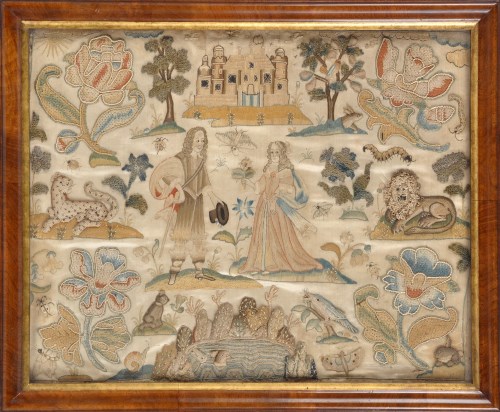 Lot 949 - A fine Charles II stumpwork and silk...
