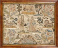 Lot 949 - A fine Charles II stumpwork and silk...