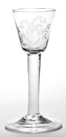 Lot 13 - Engraved plain stem wine glass, the round...