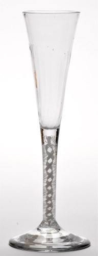 Lot 28 - Opaque twist ratafia glass, the trumpet bowl...