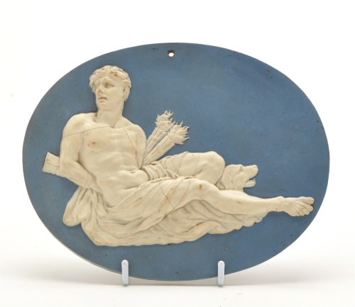 Lot 1090 - Wedgwood & Bentley blue jasperware oval plaque,...