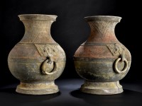 Lot 1207 - Large pair of Chinese painted pottery hu vases,...