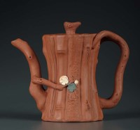 Lot 40 - A Yixing teapot, modeled as bamboo with crab...