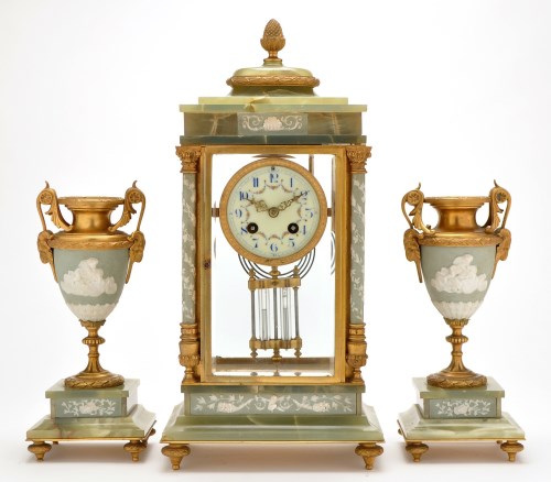 Lot 1093 - An onyx, brass and Jasper ware three-piece...