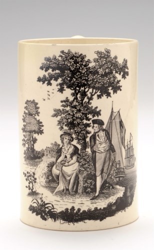 Lot 21 - Creamware transfer printed 'Marine' mug, with...