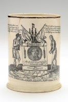 Lot 53 - Creamware transfer printed 'Nelson' frog mug,...