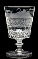 Lot 216 - Engraved cut glass rummer, with hound, swan...