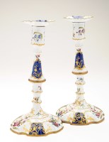 Lot 232 - Pair of English enamel candlesticks, white...