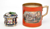Lot 459 - Coral ground Prattware mug, reserve panels...