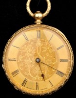 Lot 807 - A ladies 18K gold open faced fob watch, the...