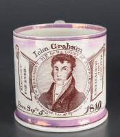 Lot 346 - A rare pink lustre Creamware election tankard,...