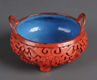 Lot 487 - A Cinnabar lacquer censor, of tripod baluster...