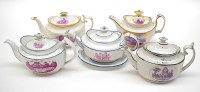 Lot 77 - Five teapots with painted/printed puce panels,...