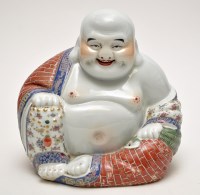 Lot 572 - Chinese famille rose figure of seated Buddha,...