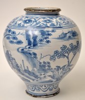 Lot 645 - Large Delft ware chinoiserie blue and white...