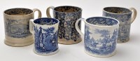 Lot 664 - Five blue and white tankards, with marbled and...