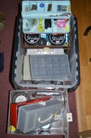 Lot 100 - A box of fishing lures and tackle comprising:...