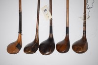 Lot 421 - Five hickory shafted lead weighted woods, to...