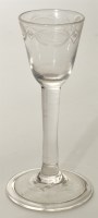 Lot 93 - Engraved plain stem wine glass, round funnel...