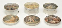 Lot 132 - Six colour printed Prattware pot lids of...