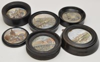Lot 136 - Six colour printed Prattware pot lids of...