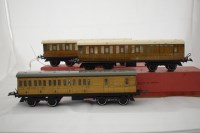 Lot 1573 - Three Hornby 0-gauge No. 2 bogie corridor...