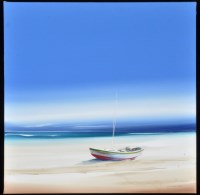 Lot 1162 - Jonathan Shaw - a sailing dinghy on a beach,...