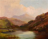 Lot 310 - Rowing boats and a figure at the shore of a lake