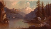 Lot 320 - A man in a boat crossing a lake.