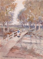 Lot 248 - A Dutch girl carrying two baskets crossing a river.