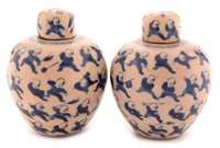 Lot 18 - Pair of 19th Century Chinese porcelain small oval jars and covers